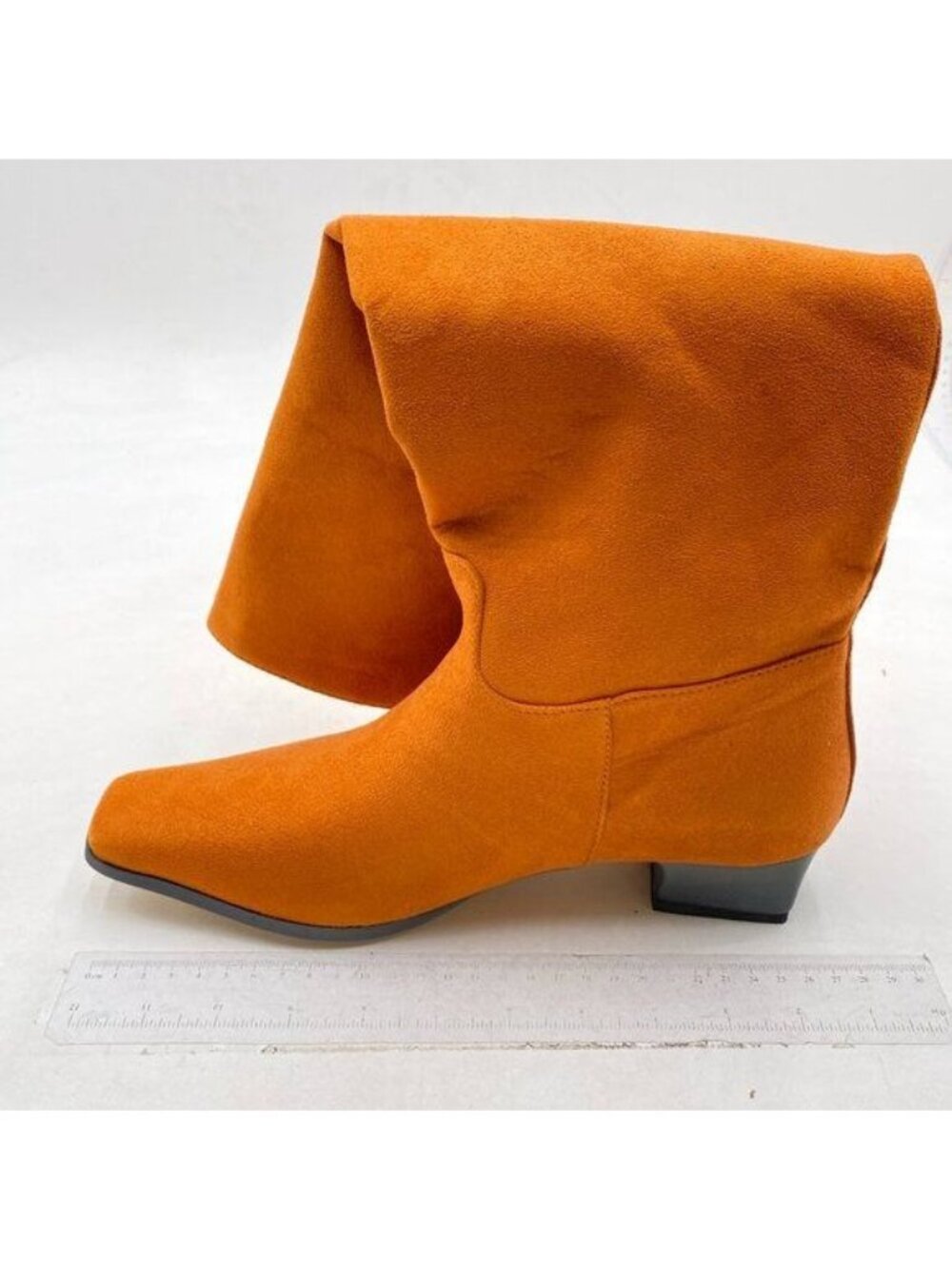 Women Closed Square Toe Knee High Boot Wide Calf Low Chunky Heels Flat Orange